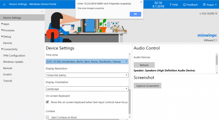 Einstellung Zeitzone und Aktivierung des On-screen Keyboards