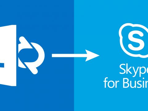 Lync Logo (links), Pfeil (mittig), Skype for Business Logo (rechts). Soll den Übergang von Lync zu Skype for Business darstellen.