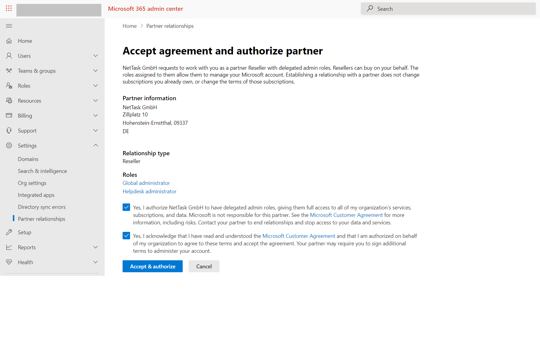 Accept agreement and authorize partner