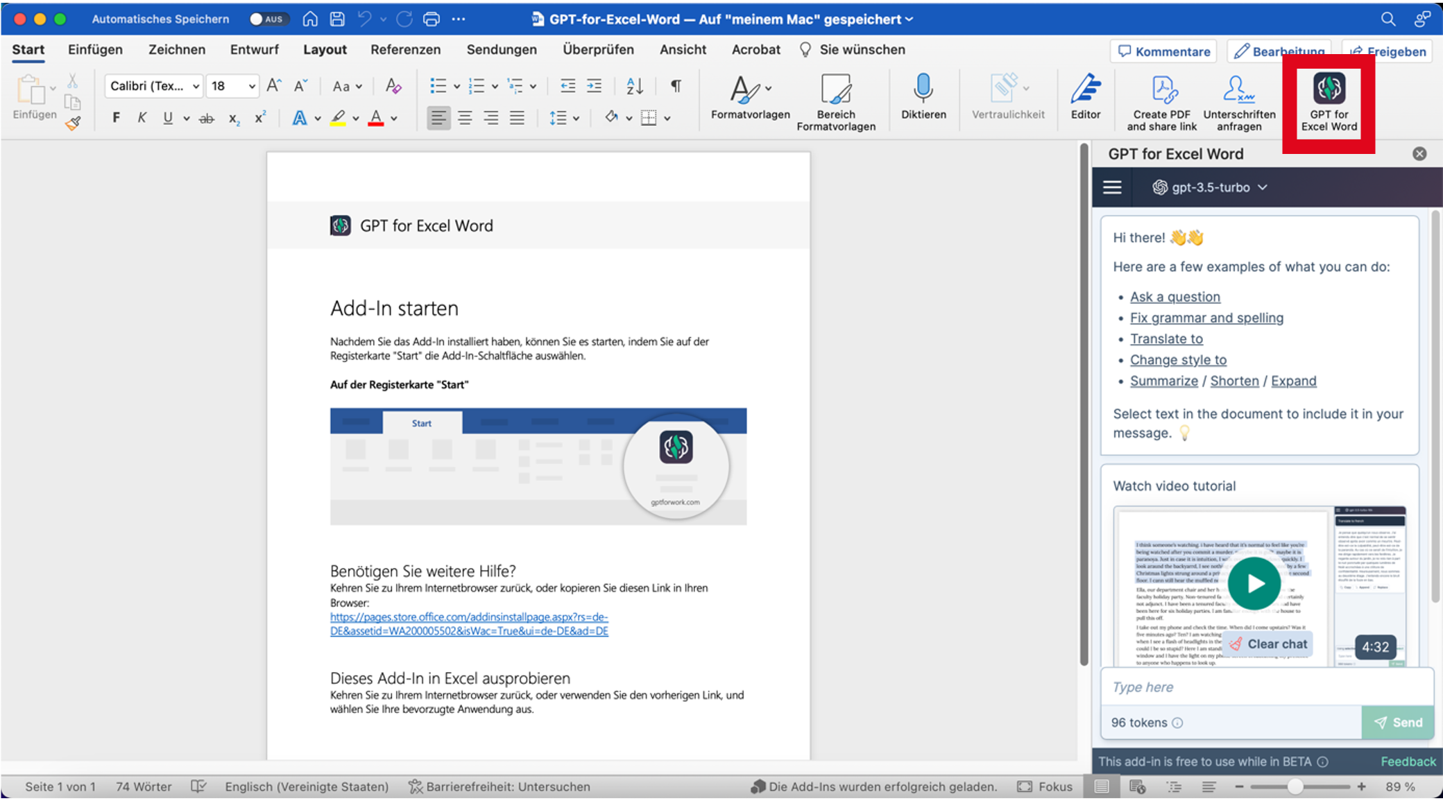 ChatGPT Add-in für Word.