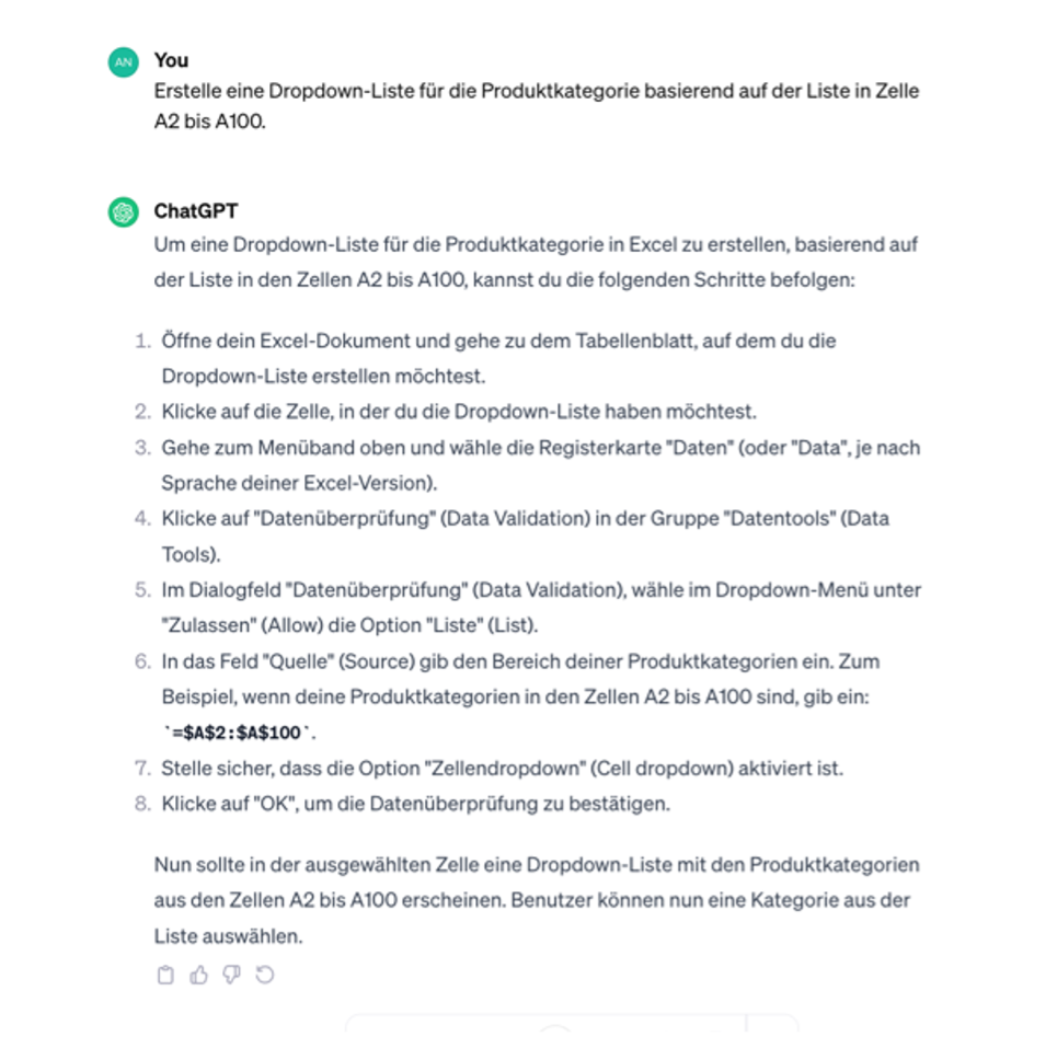 Leicht verständliche Dropdown-Listen in Microsoft Excel mit ChatGPT erstellen.
