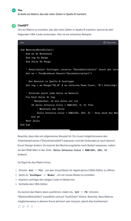 Makros in Microsoft Excel mithilfe von ChatGPT erstellen.