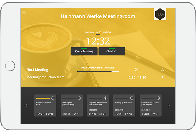 iPad showing an upcoming meeting with check-in function
